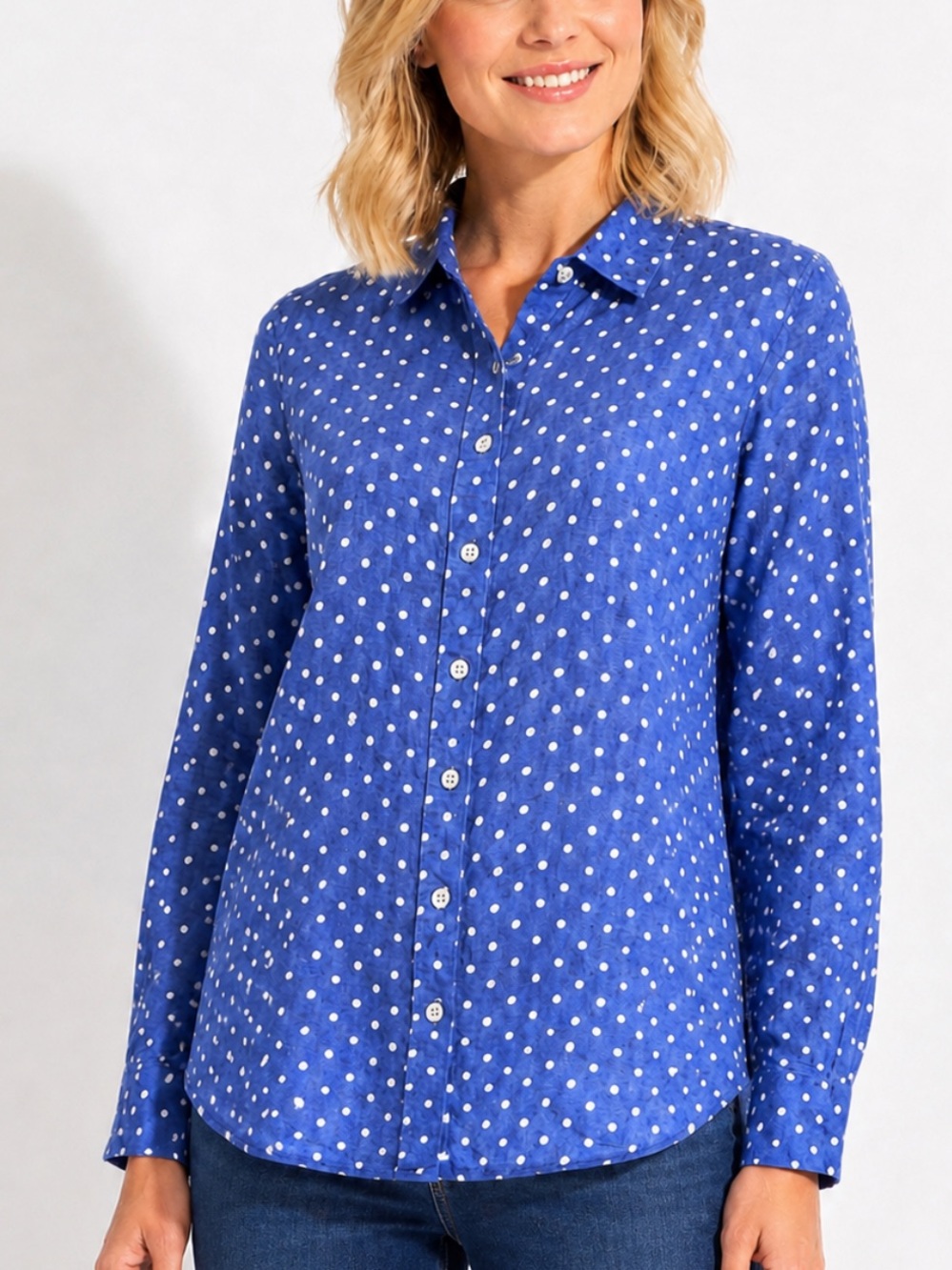 J.Crew Blue White Polka Dot 100% Linen Button Down Shirt Size 6